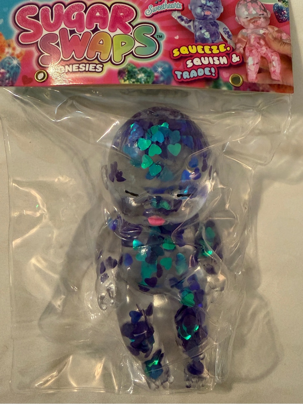 NEW ORB Sugar Swaps Onesies Sweethearts Clear PURPLE Hearts Glitter Squishy Baby